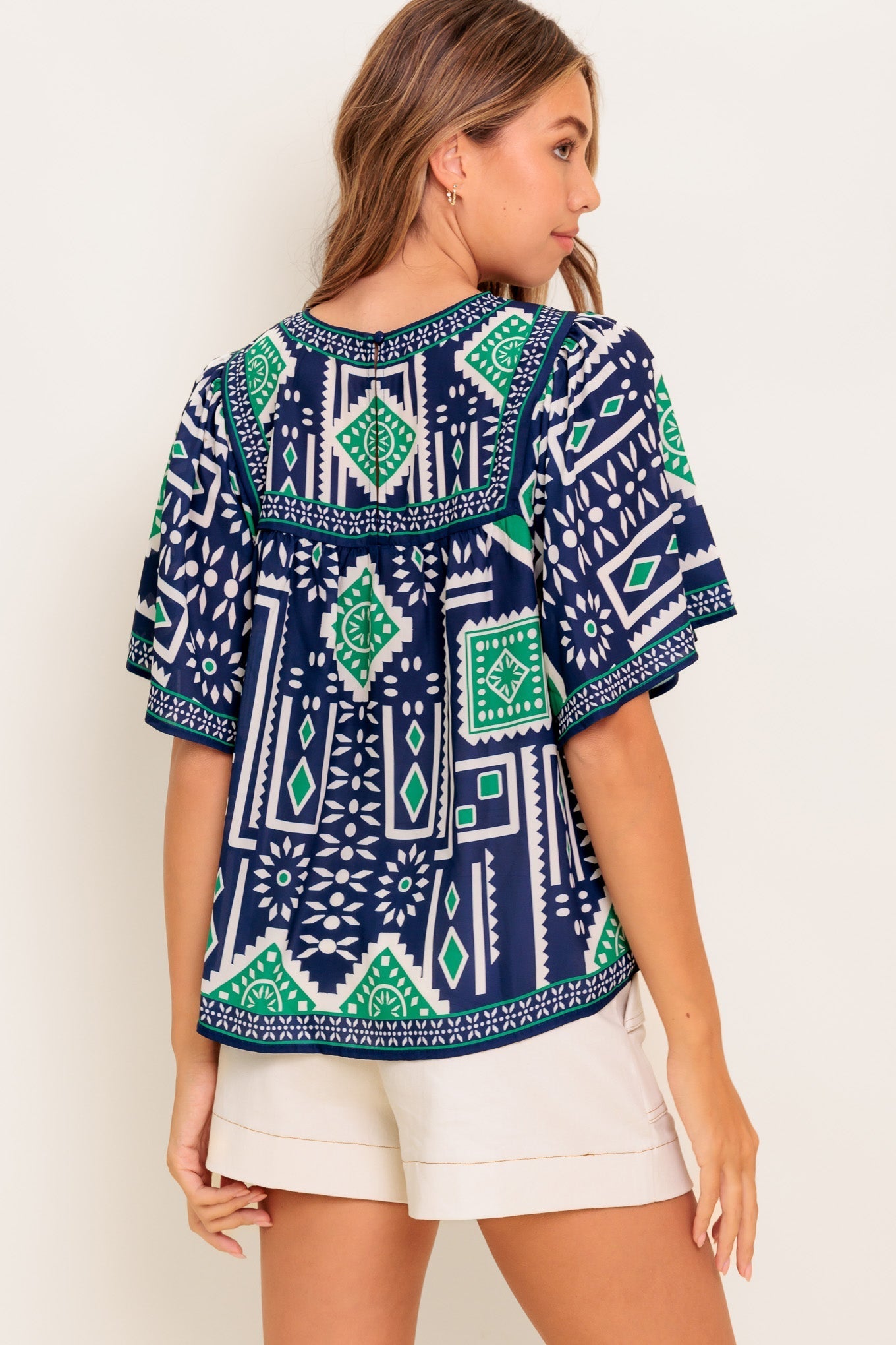 TILE ESCAPE EMBROIDERED WOVEN TOP Flying Tomato